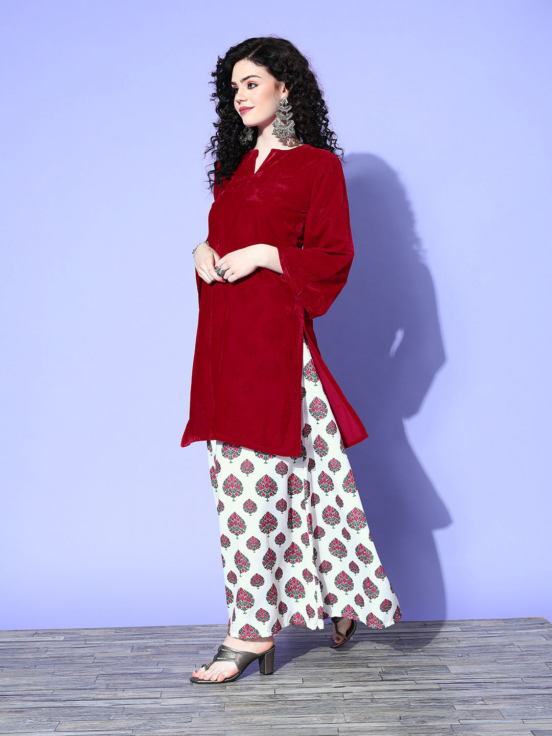 Maroon Velvet Kurta Printed Skirt Dupatta Set