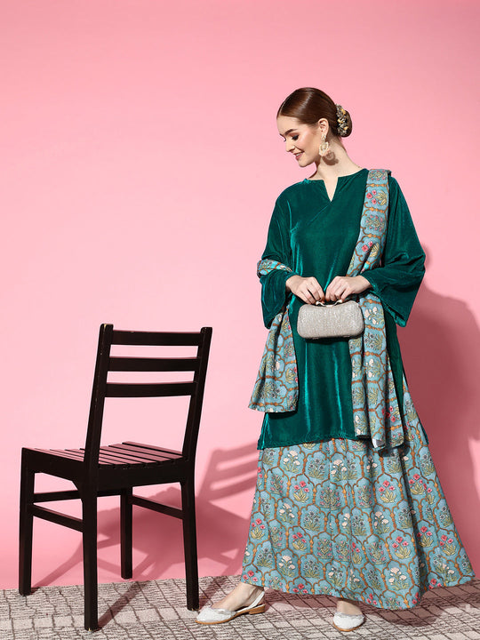 Sea Green Velvet Kurta Printed Skirt With Dupatta Set