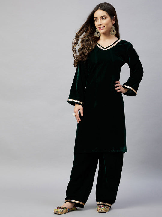 Dark Green Solid Velvet Kurta Set