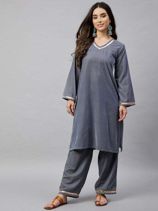 Grey Solid Velvet Kurta Set