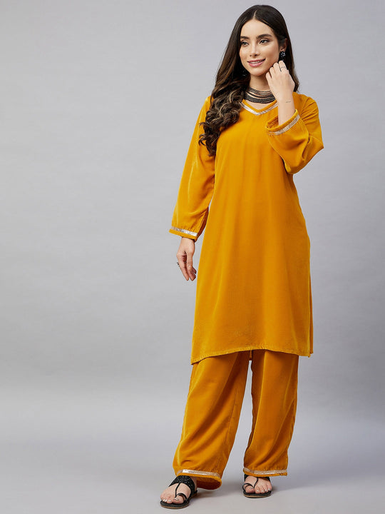 Mustard Solid Velvet Kurta Set