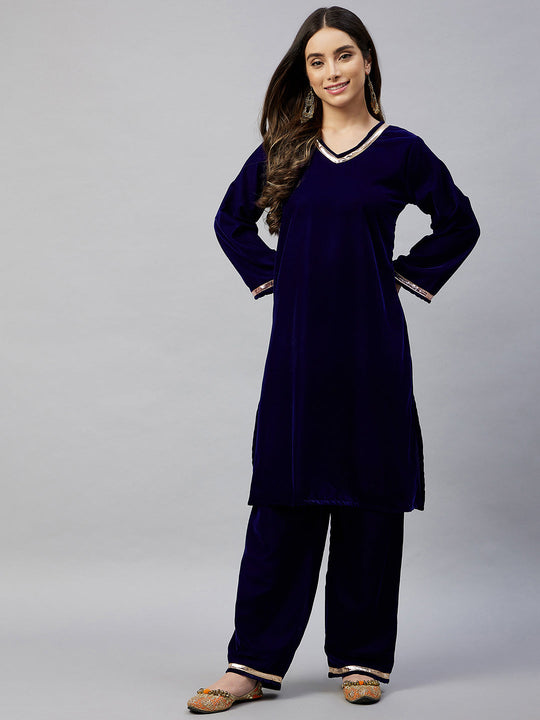 Navy Solid Velvet Kurta Set