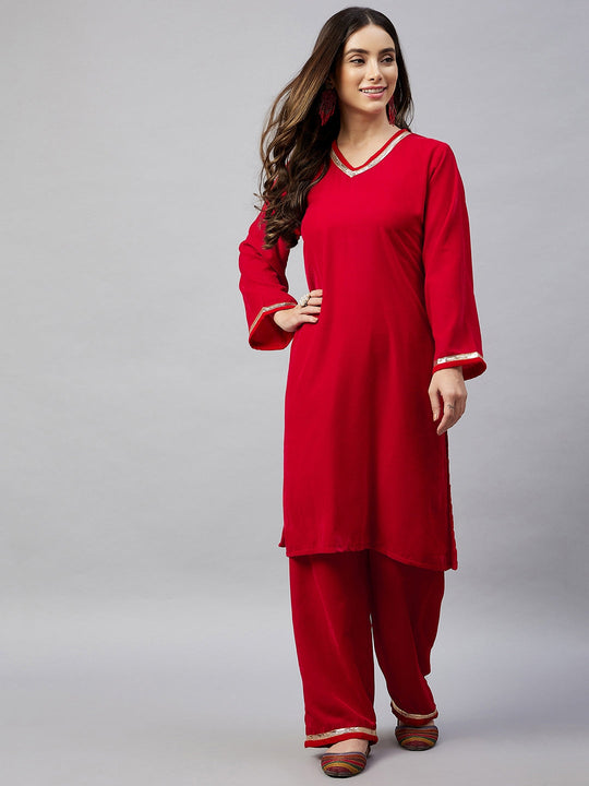 Red Solid Velvet Kurta Set