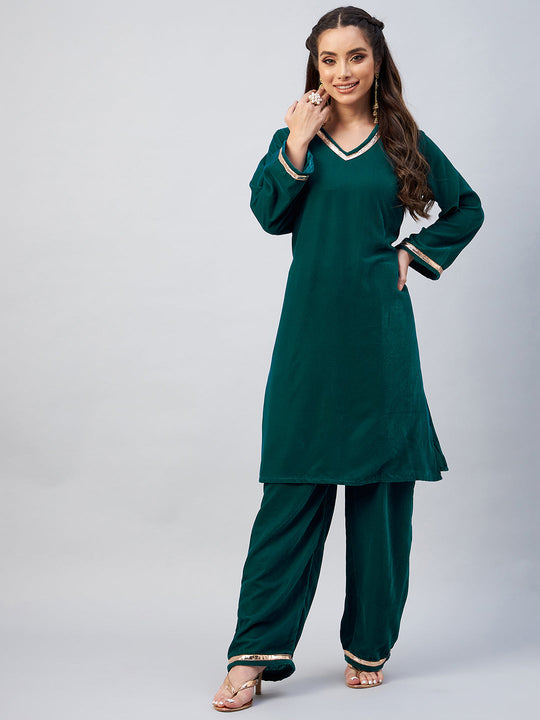 Teal Solid Velvet Kurta Set