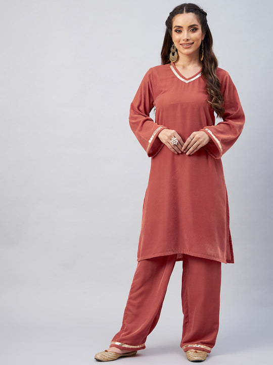 Rust Solid Velvet Kurta Set