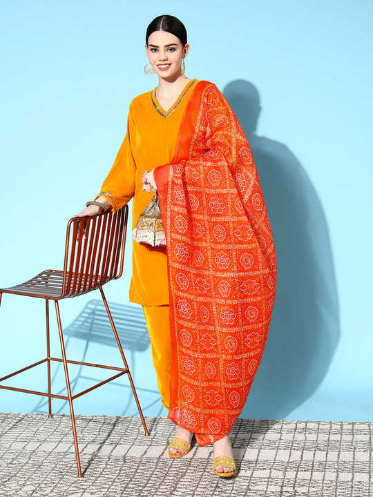 Mustard Velvet Kurta Set With Orange Kota Bandhani Dupatta