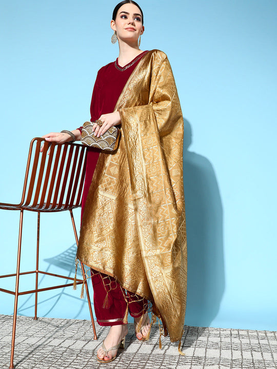 Maroon Velvet Kurta Set With Beige Brocade Dupatta