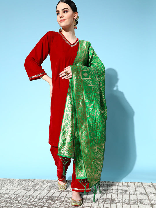 Maroon Velvet Kurta Set With Green Brocade Dupatta