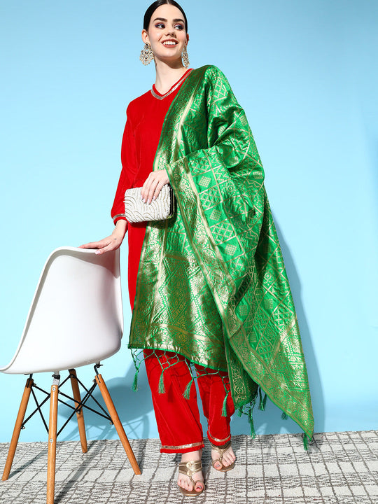 Red Velvet Kurta Set With Green Brocade Dupatta