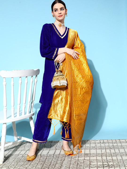 Blue Velvet Kurta Set With Mustard Brocade Dupatta