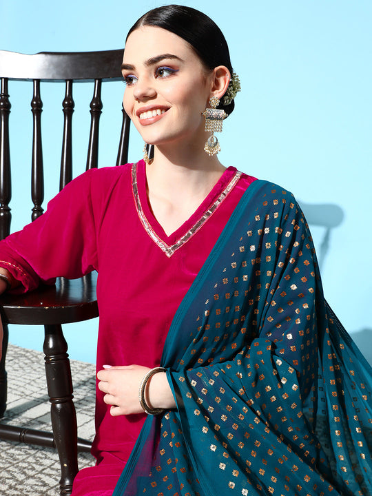 Fuschia Velvet Kurta Set With Teal Gold Georgette Dupatta