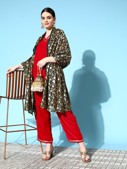 Fuschia Velvet Kurta Set With Green Gold Georgette Dupatta