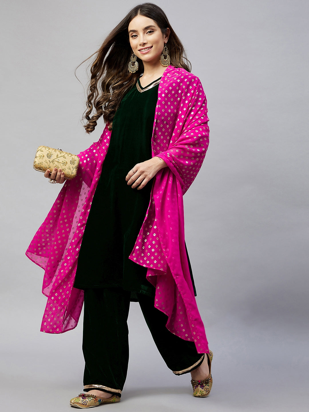 Green Velvet Kurta Set Fuchsia Gold Georgette Dupatta InWeave
