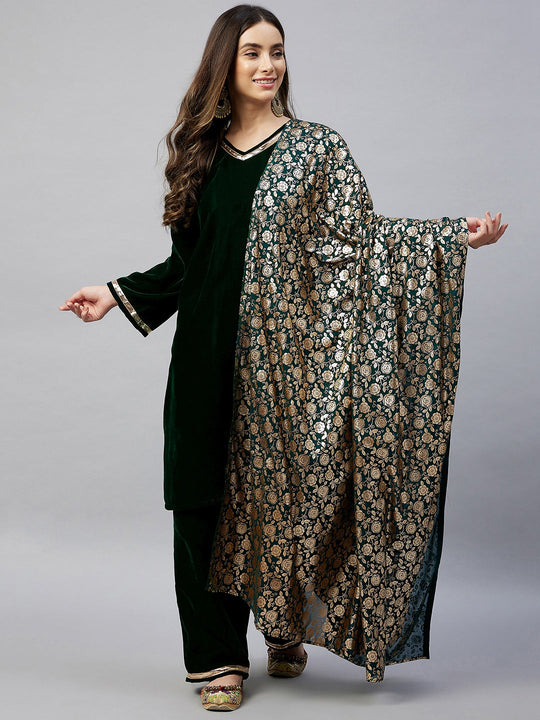 Green Velvet Kurta Set Green Rose Print Georgette Dupatta