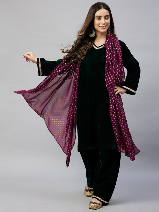 Green Velvet Kurta Set Wine Gold Georgette Dupatta