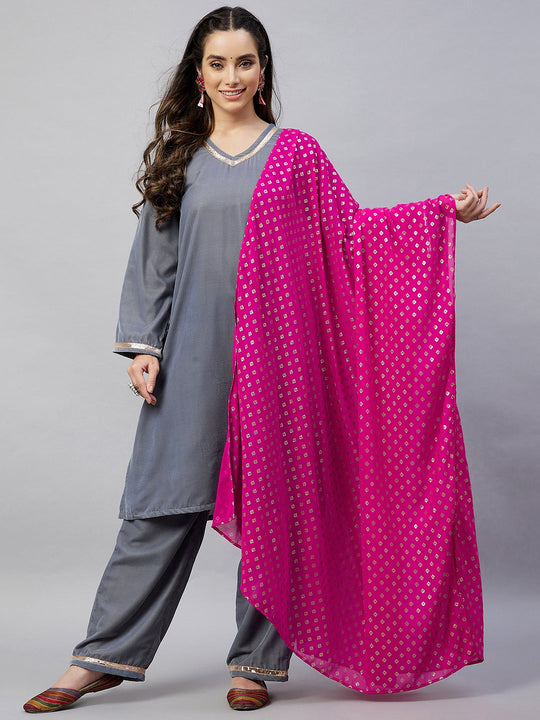 Grey Velvet Kurta Set Fuchsia Gold Georgette Dupatta