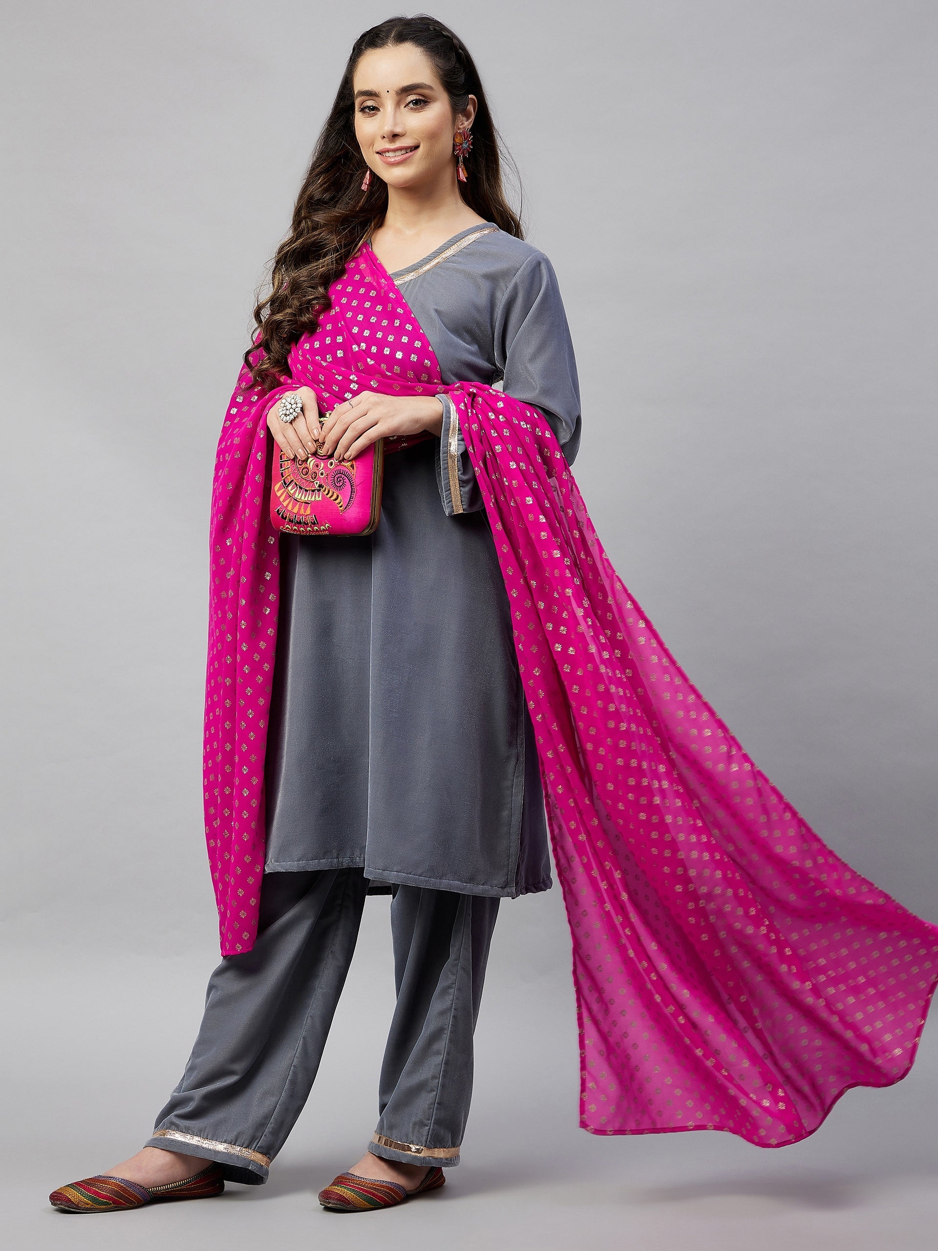 Grey Velvet Kurta Set Fuchsia Gold Georgette Dupatta InWeave