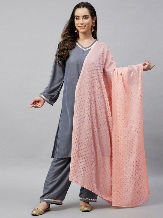 Grey Velvet Kurta Set With Peach Gold Georgette Dupatta