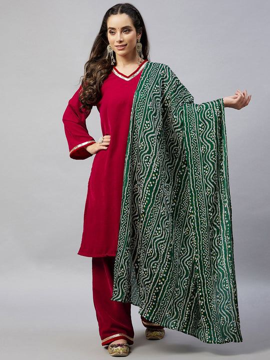 Maroon Velvet Kurta Set With Green Bandhani Fosilk Dupatta