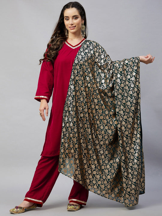 Maroon Velvet Kurta Set With Green Rose Print Georgette Dupatta