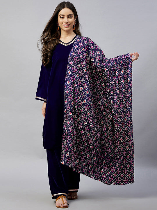 Navy Velvet Kurta Set With Blue Patola Fosilk Dupatta