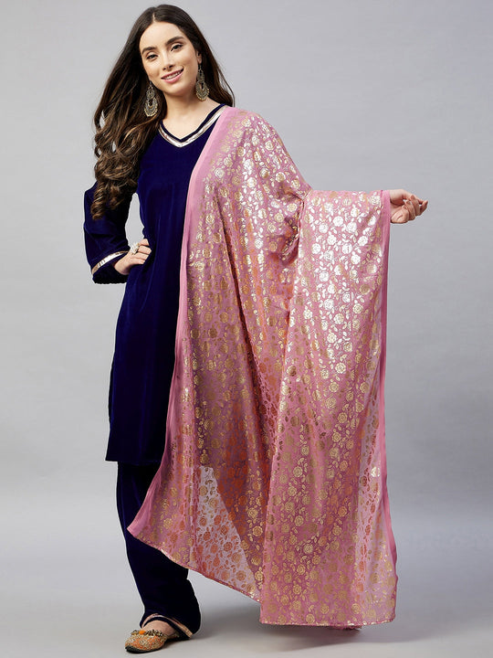 Navy Velvet Kurta Set With Pink Rose Georgette Dupatta