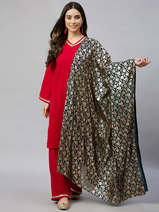 Red Velvet Kurta Set With Green Rose Print Georgette Dupatta
