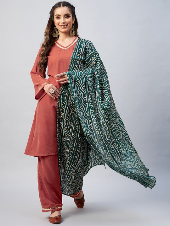 Rust Velvet Kurta Set With Green Bandhani Fosilk Dupatta