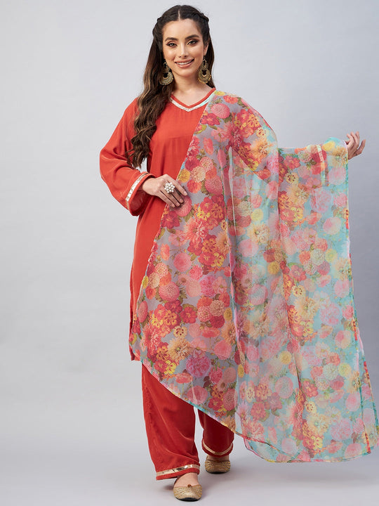 Rust Velvet Kurta Set With Green Floral Print Organza Dupatta