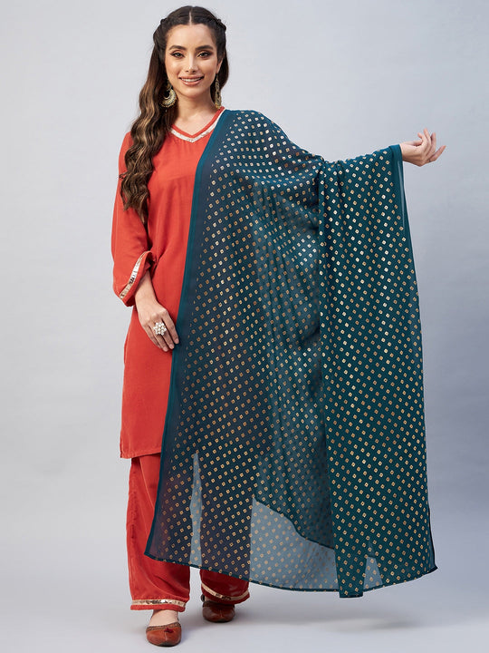 Rust Velvet Kurta Set With Teal Gold Georgette Dupatta