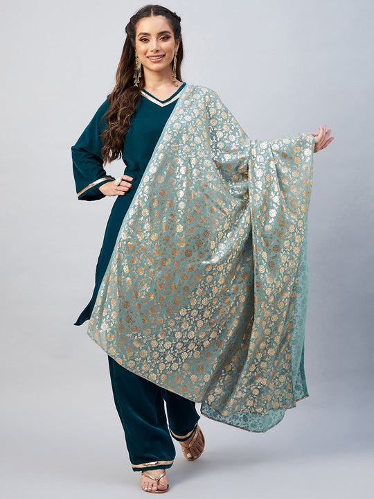 Teal Velvet Kurta Set Aqua Rose Print Georgette Dupatta