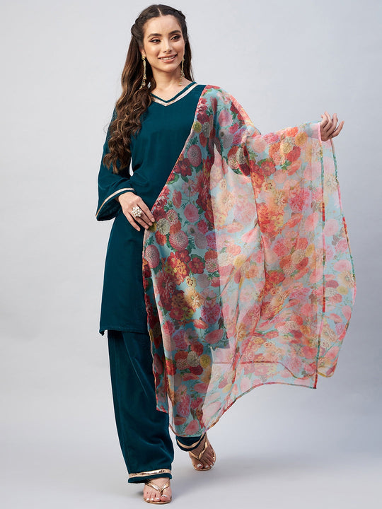 Teal Velvet Kurta Set With Green Floral Organza Dupatta