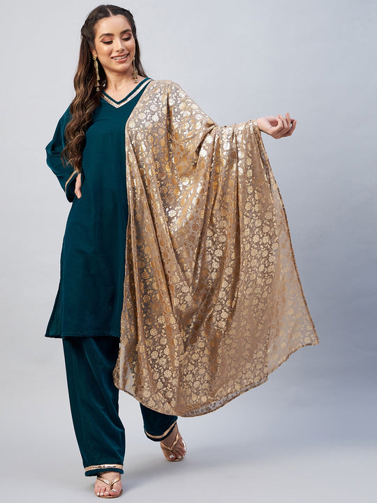 Teal Velvet Kurta Set With Grey Rose Print Georgette Dupatta