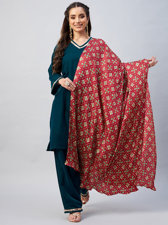 Teal Velvet Kurta Set With Maroon Patola Dupatta
