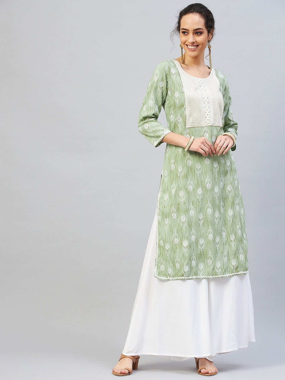 Green Work Kurta With White Palazzo