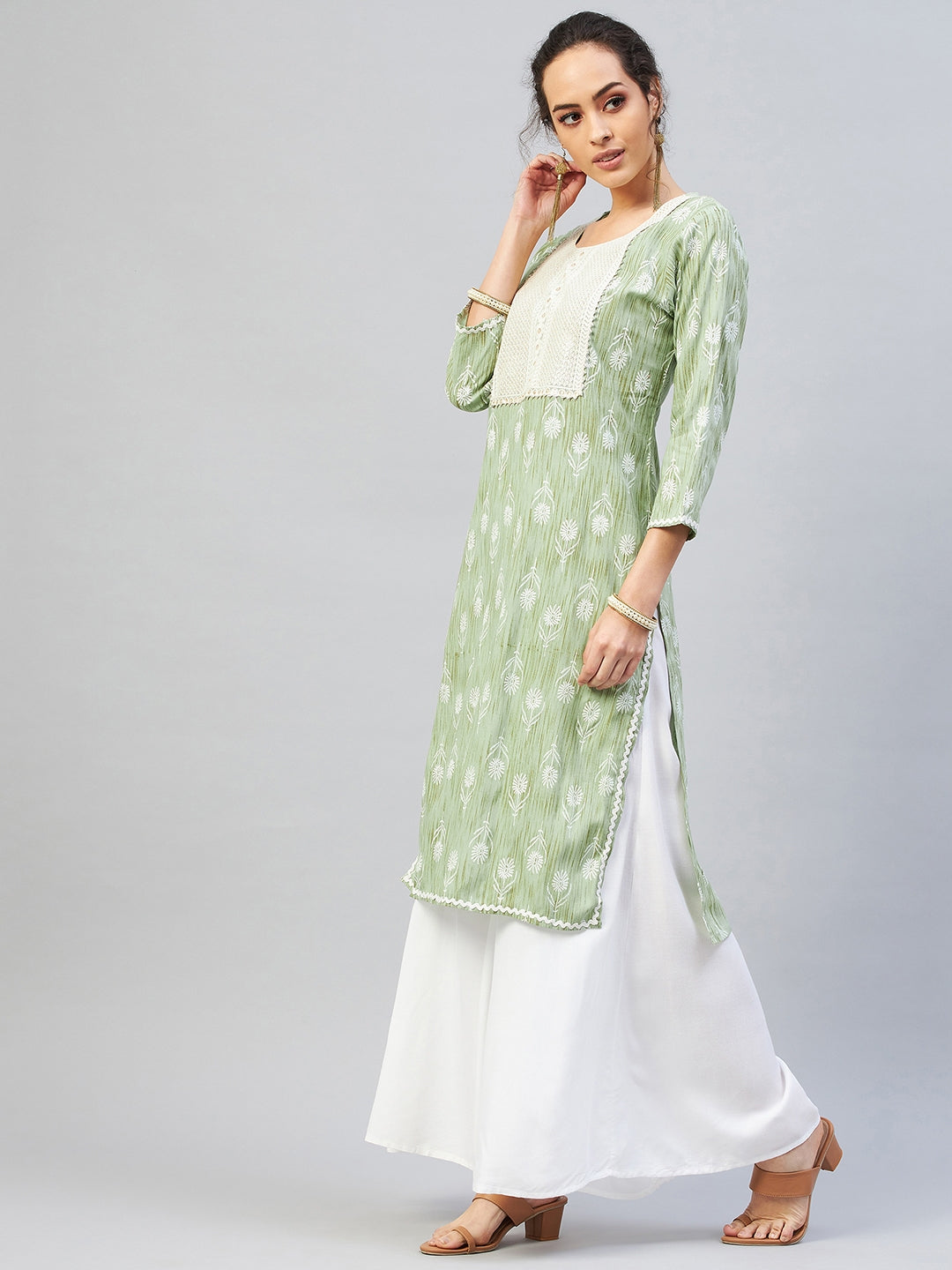 Green Work Kurta With White Palazzo
