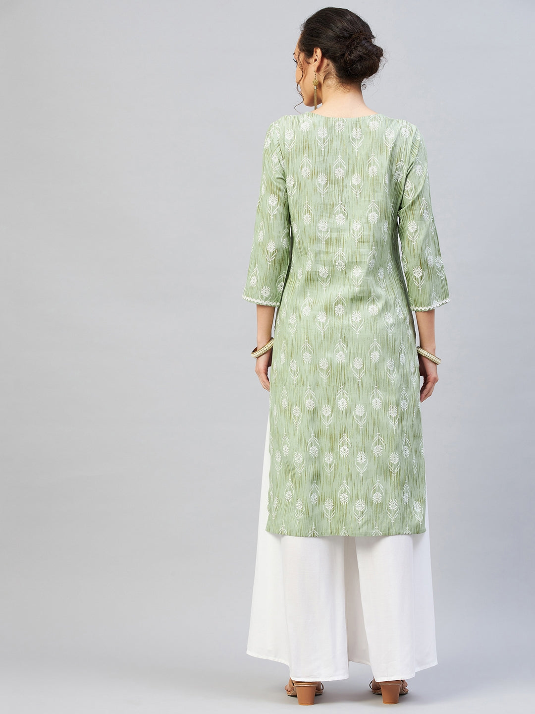 Green Work Kurta With White Palazzo
