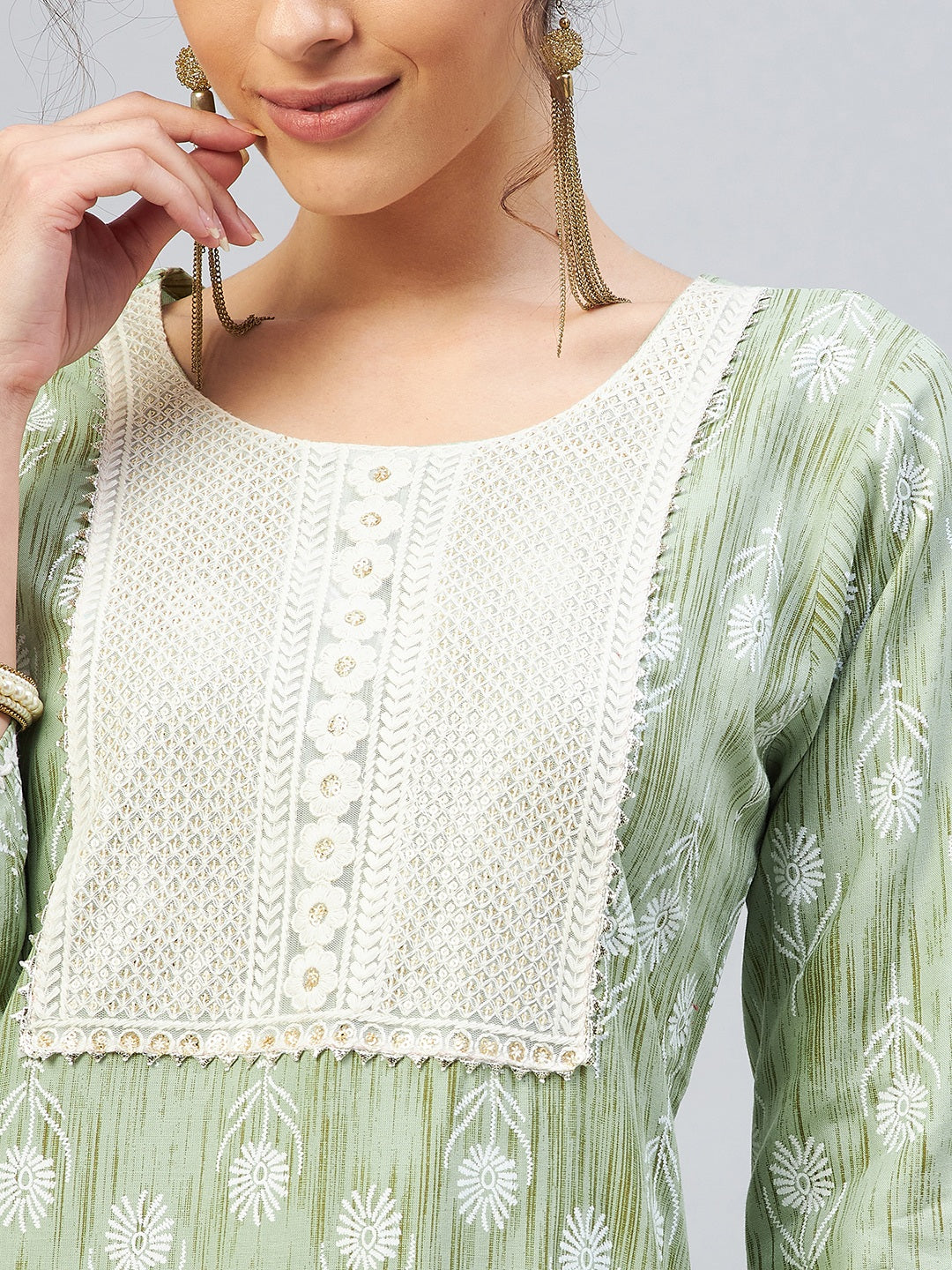 Green Work Kurta With White Palazzo