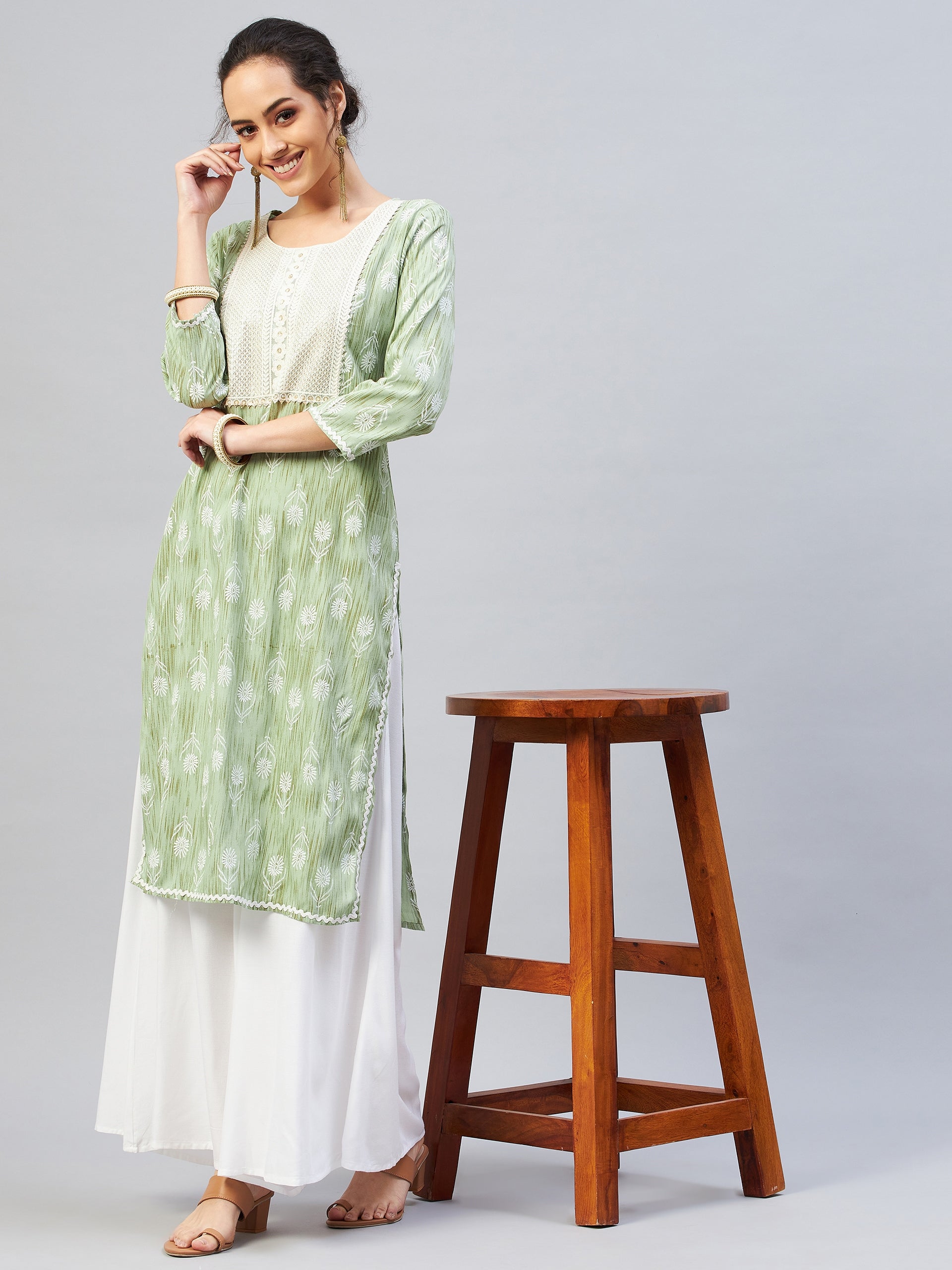 Green Work Kurta With White Palazzo