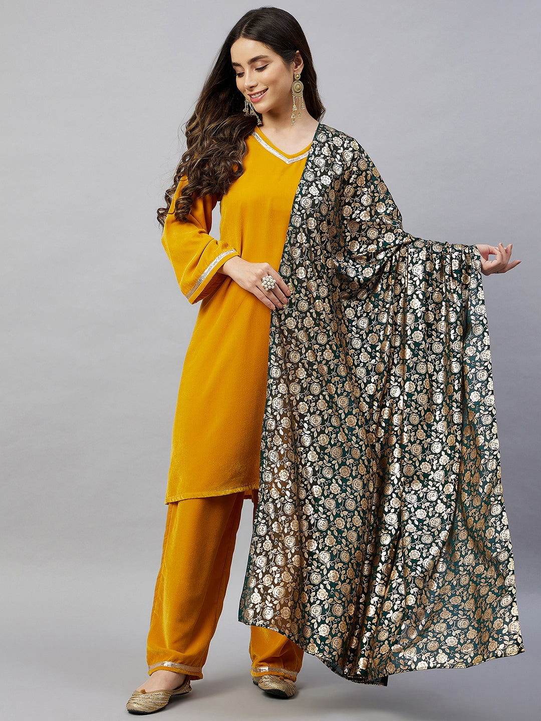 Mustard Velvet Kurta Set With Green Rose Georgette Dupatta