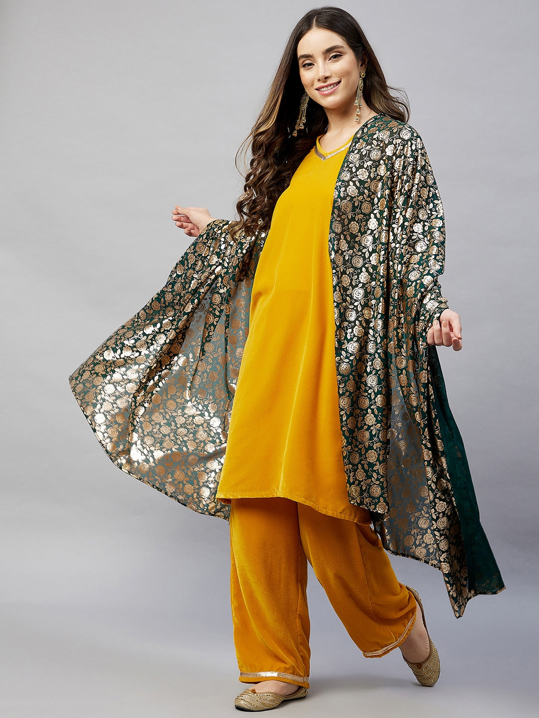 Mustard Velvet Kurta Set With Green Rose Georgette Dupatta