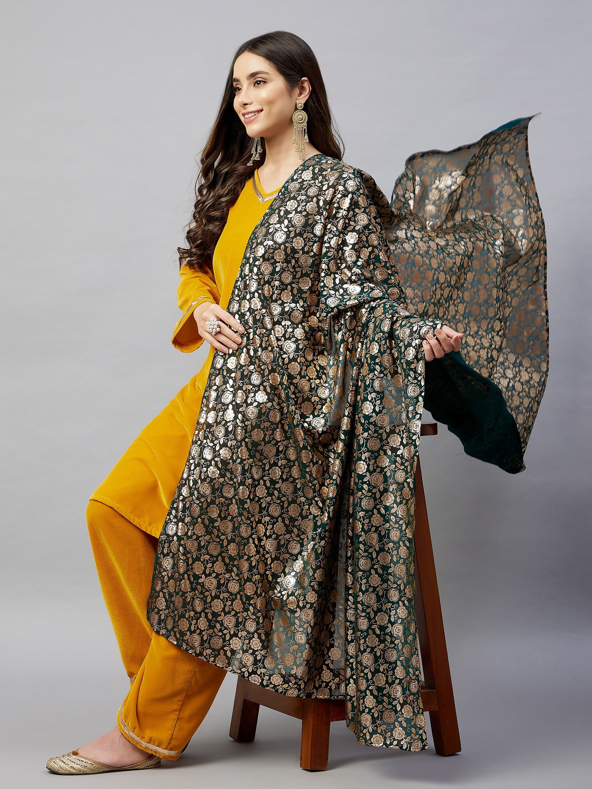 Mustard Velvet Kurta Set With Green Rose Georgette Dupatta