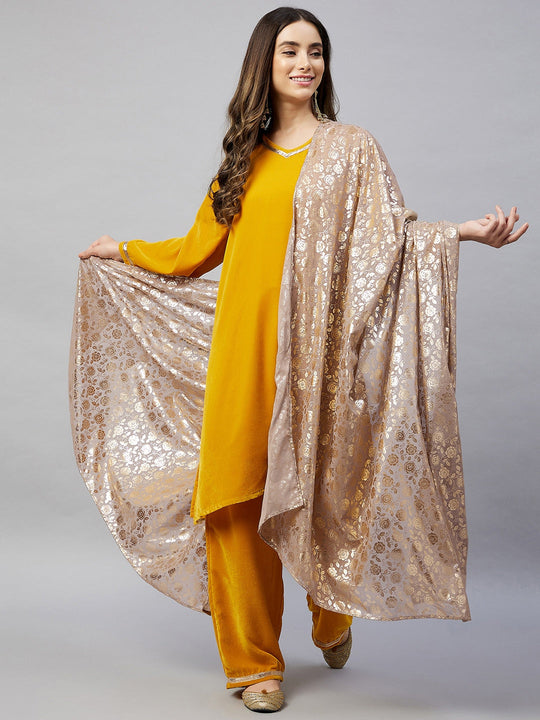 Mustard Velvet Kurta Set With Grey Rose Georgette Dupatta
