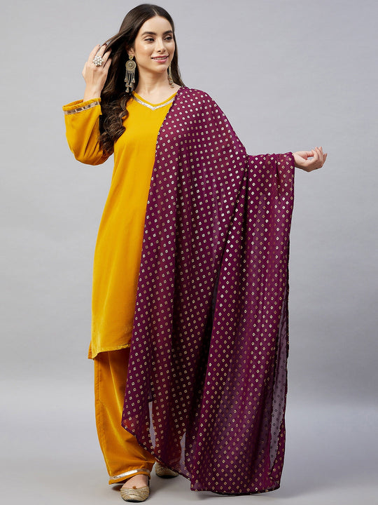 Mustard Velvet Kurta Set With Wine Small Boota Georgette Dupatta