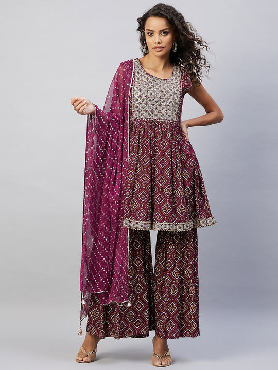 Wine Embroided Bandhani Kurta Sharara Set