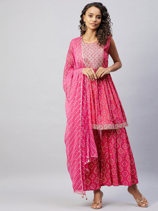 Pink Embroided Bandhani Kurta Sharara Set