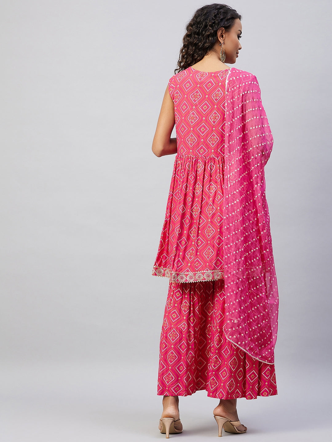 Pink Embroided Bandhani Kurta Sharara Set
