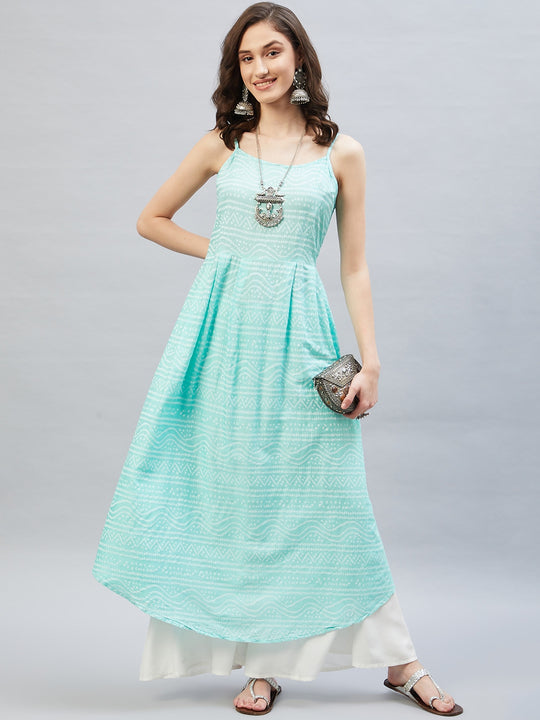 Pastel Green Bandhej Strappy Kurta Palazzo Set