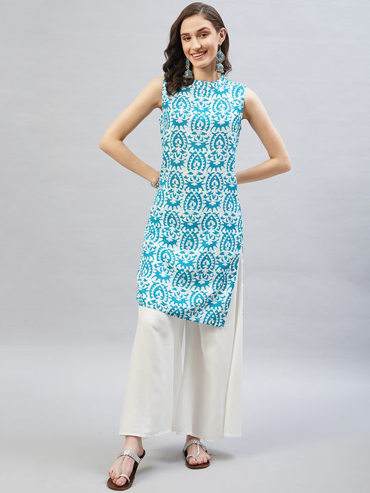 Teal White Kantha Print Halter Kurta Palazzo Set