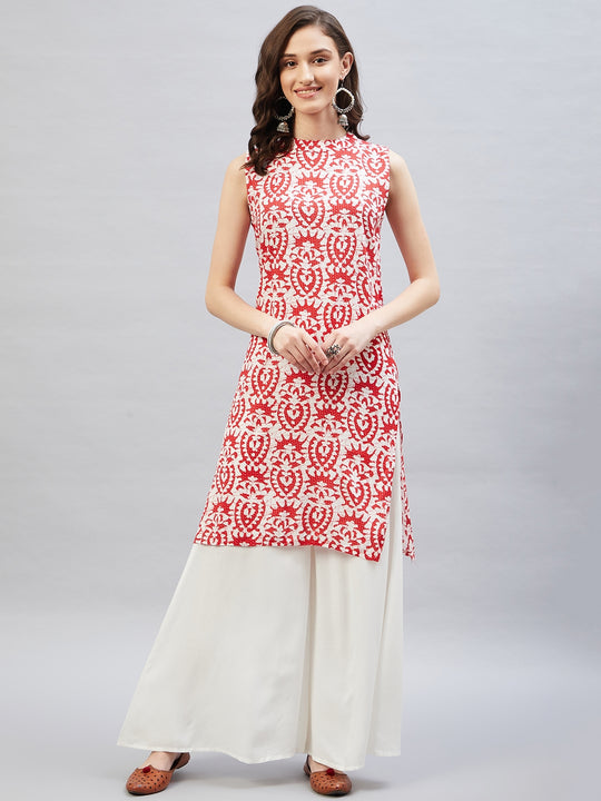 Red White Kantha Print Halter Kurta Palazzo Set